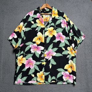 Vtg Loop Collar Hawaiian Shirt Floral Mens XL Rayon Made in USA Rockabilly